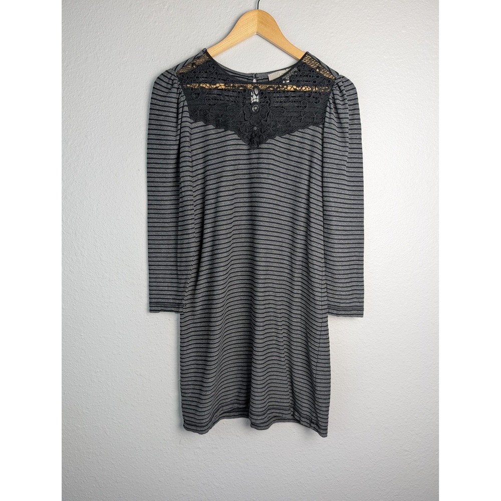 LOFT Dress Womens XS Gray Sweater Dress Short Striped Crochet Keyhole Neck‎